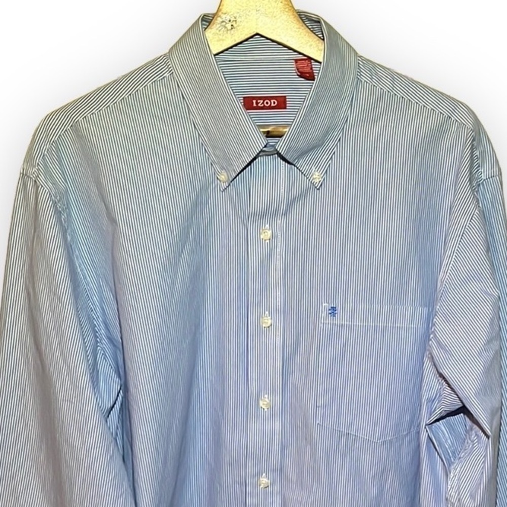 Izod Blue and White Striped Long Sleeve Button Down